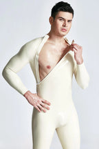 Metallic Silver & White & Metallic Gold Male Double-Diagonal Zip Latex Catsuit