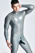 Metallic Silver, the second set of photos main color is Metallic Black Male Back Zip Sheath Latex Catsuit