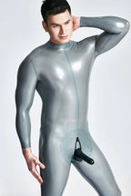 Metallic Silver, the second set of photos main color is Metallic Black Male Back Zip Sheath Latex Catsuit