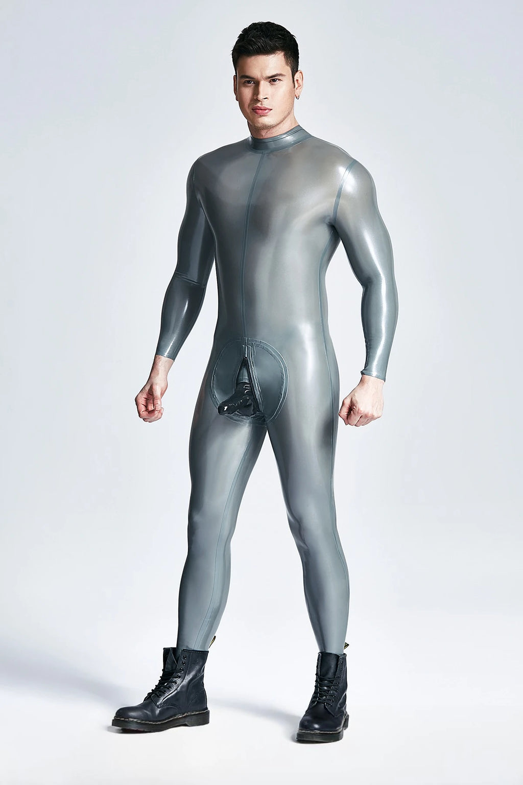 Metallic Silver, the second set of photos main color is Metallic Black Male Back Zip Sheath Latex Catsuit