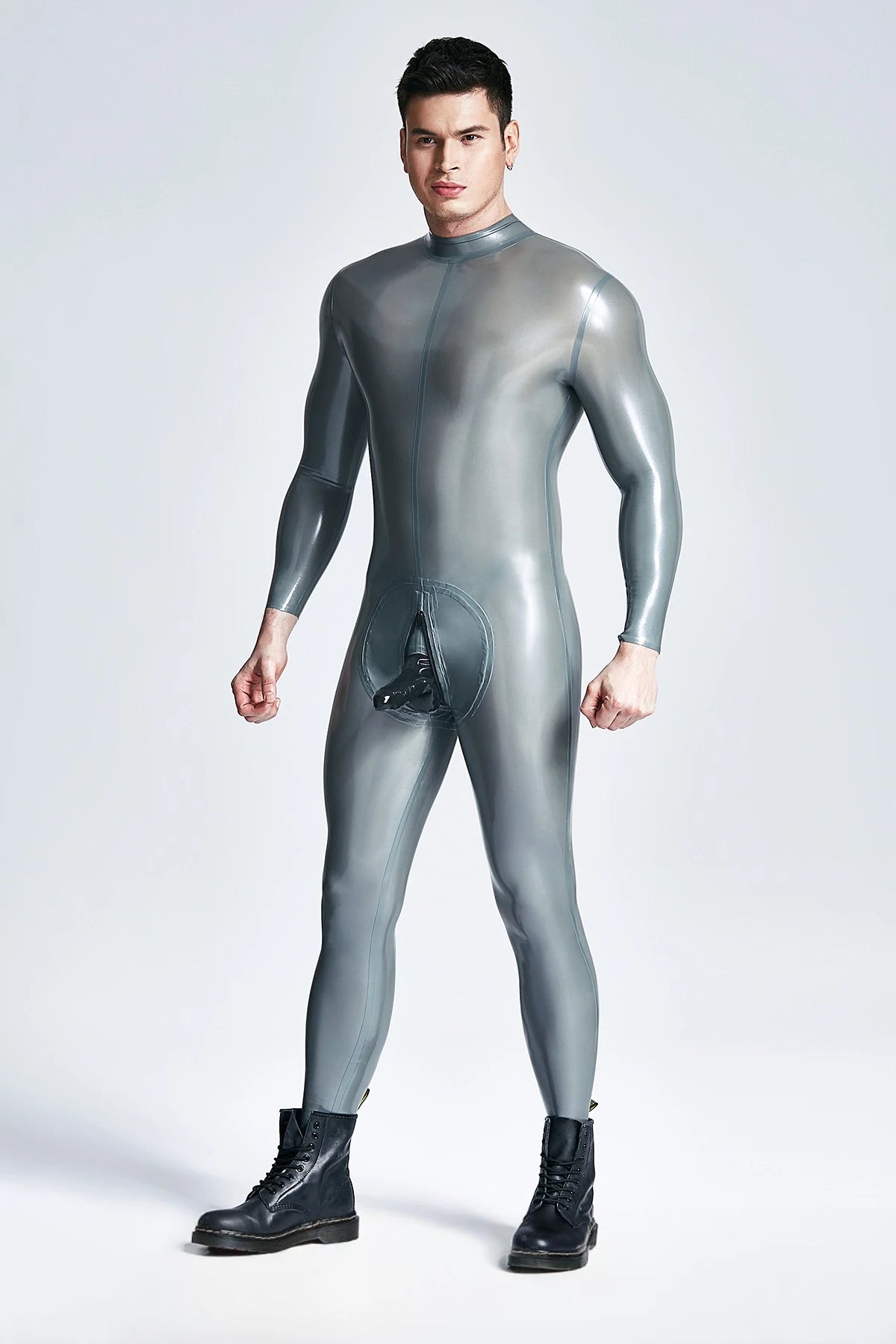 Metallic Silver, the second set of photos main color is Metallic Black Male Back Zip Sheath Latex Catsuit