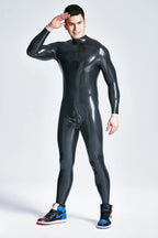 Metallic Silver, the second set of photos main color is Metallic Black Male Back Zip Sheath Latex Catsuit