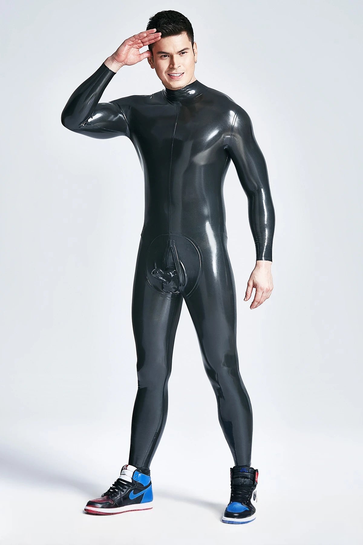 Metallic Silver, the second set of photos main color is Metallic Black Male Back Zip Sheath Latex Catsuit