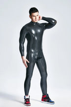 Metallic Silver, the second set of photos main color is Metallic Black Male Back Zip Sheath Latex Catsuit