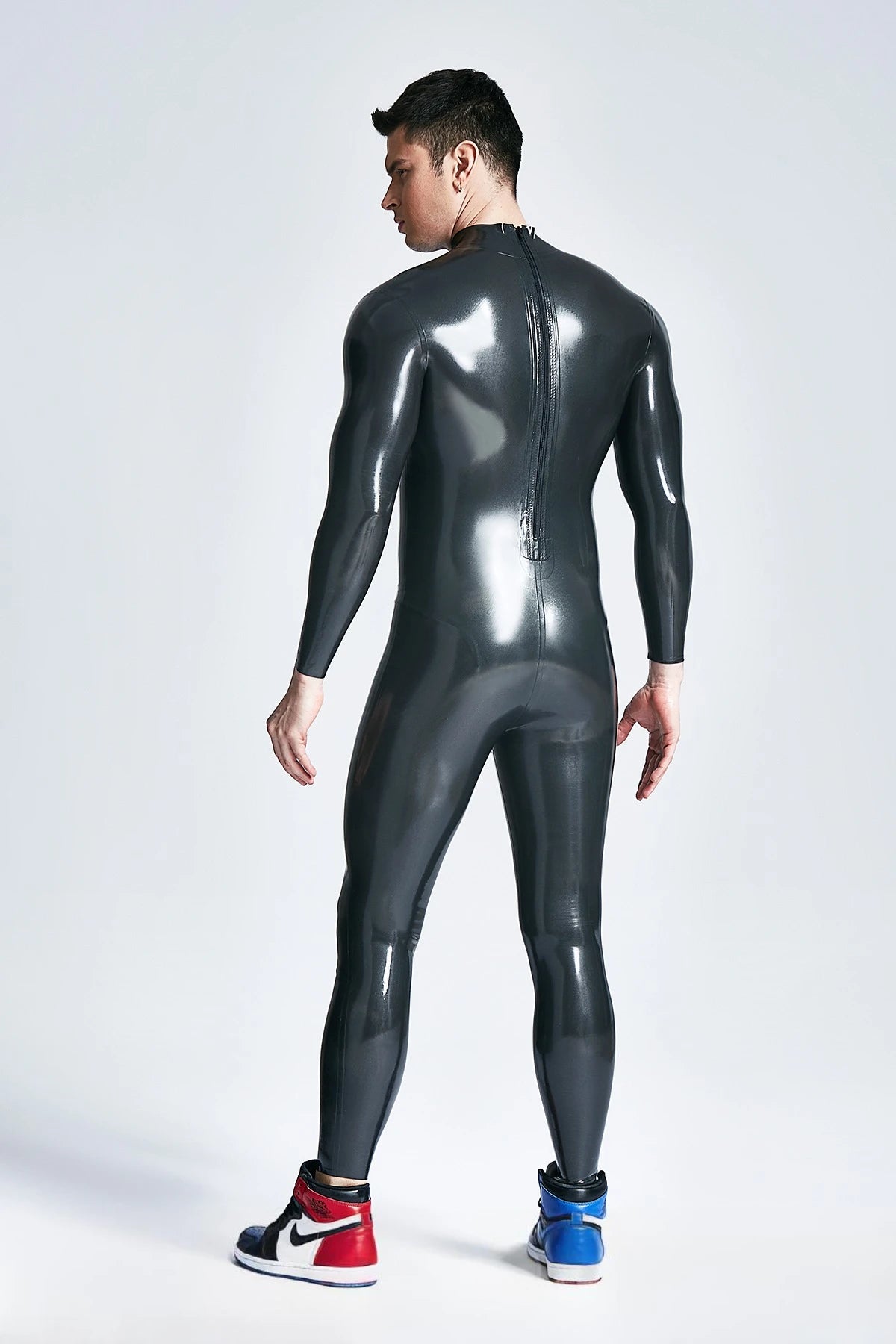 Metallic Silver, the second set of photos main color is Metallic Black Male Back Zip Sheath Latex Catsuit