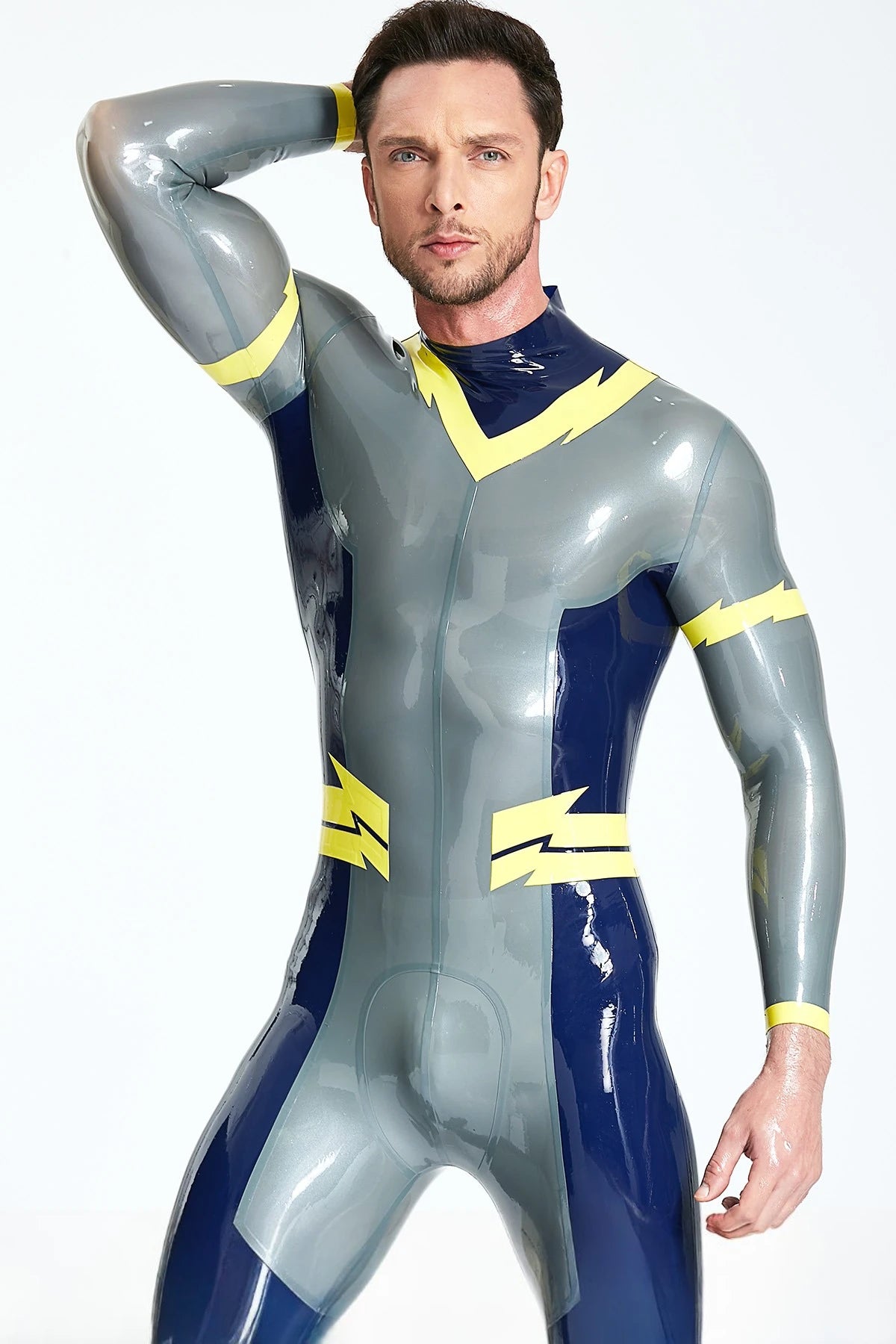 Metallic Silver Male 'Lightning Bolt' Back Zip Latex Catsuit