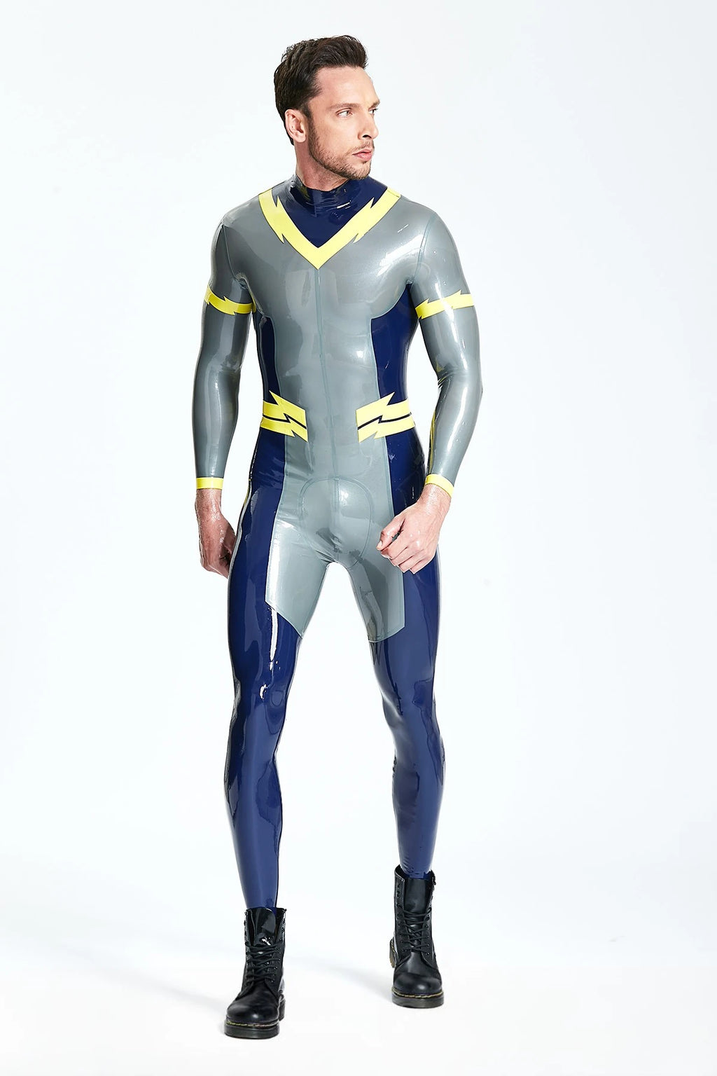 Metallic Silver Male 'Lightning Bolt' Back Zip Latex Catsuit
