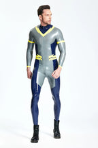 Metallic Silver Male 'Lightning Bolt' Back Zip Latex Catsuit