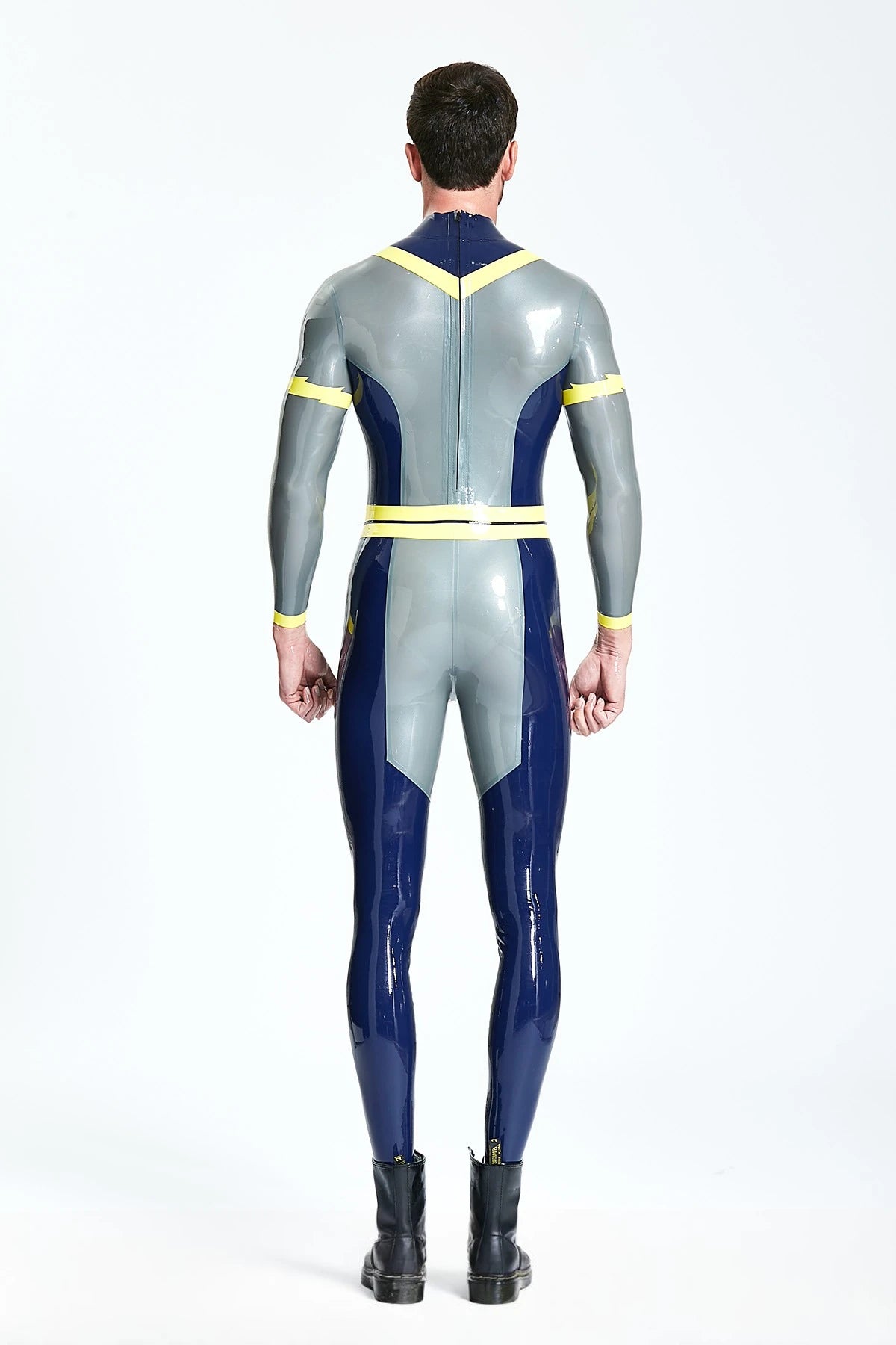 Metallic Silver Male 'Lightning Bolt' Back Zip Latex Catsuit