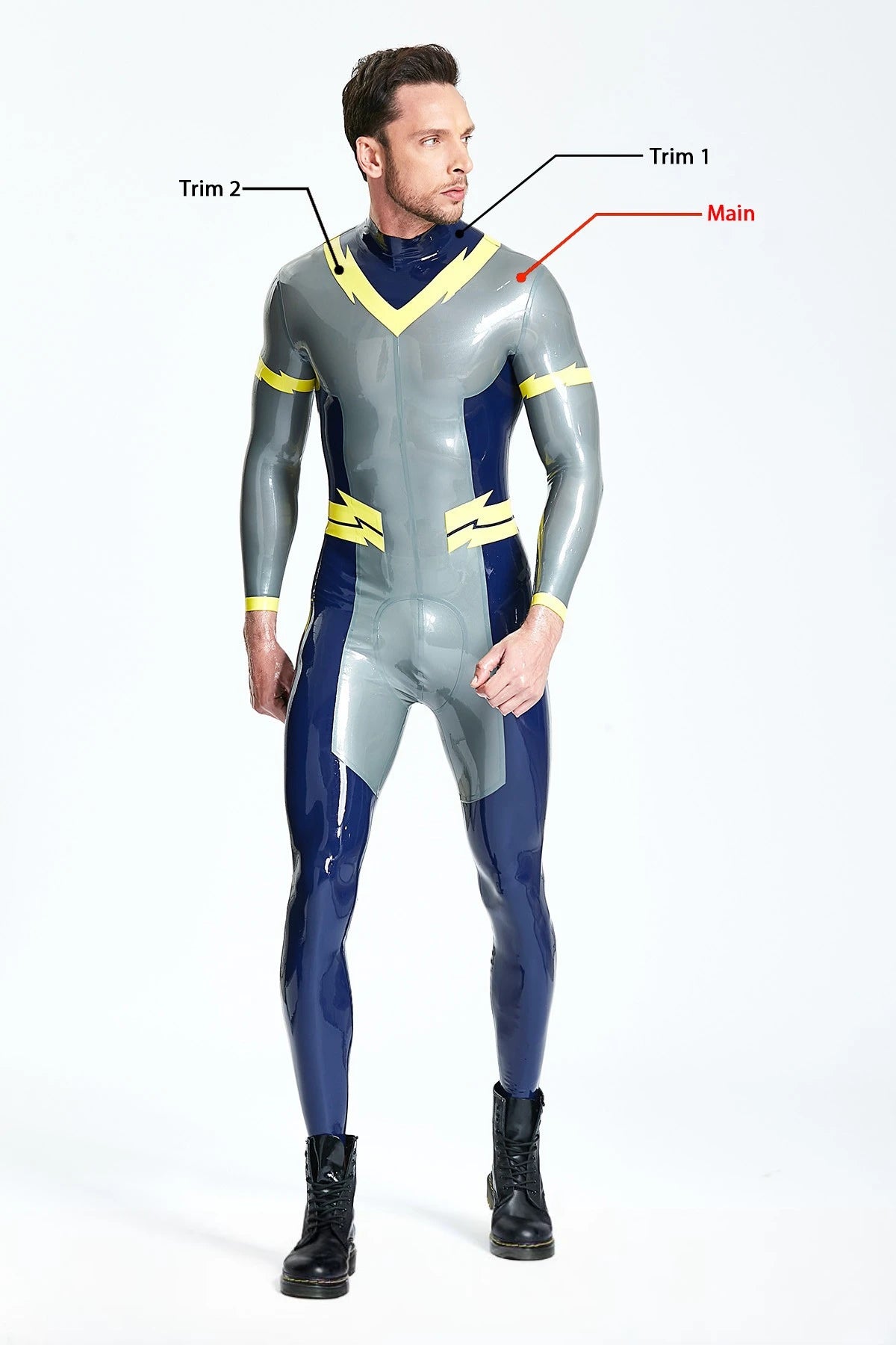 Metallic Silver Male 'Lightning Bolt' Back Zip Latex Catsuit