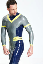 Metallic Silver Male 'Lightning Bolt' Back Zip Latex Catsuit
