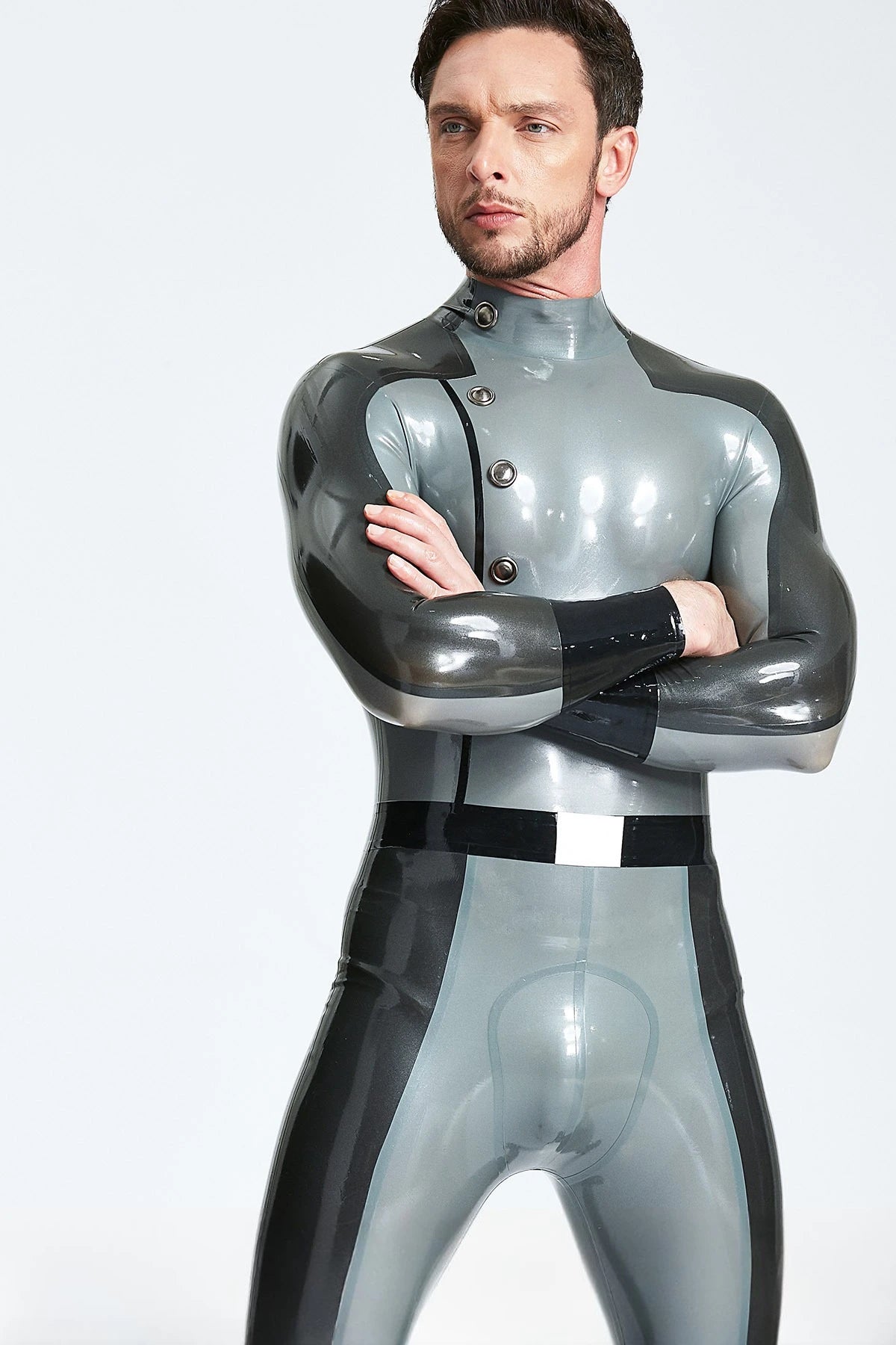 Metallic Silver Male 'Flight Commander' Latex Catsuit