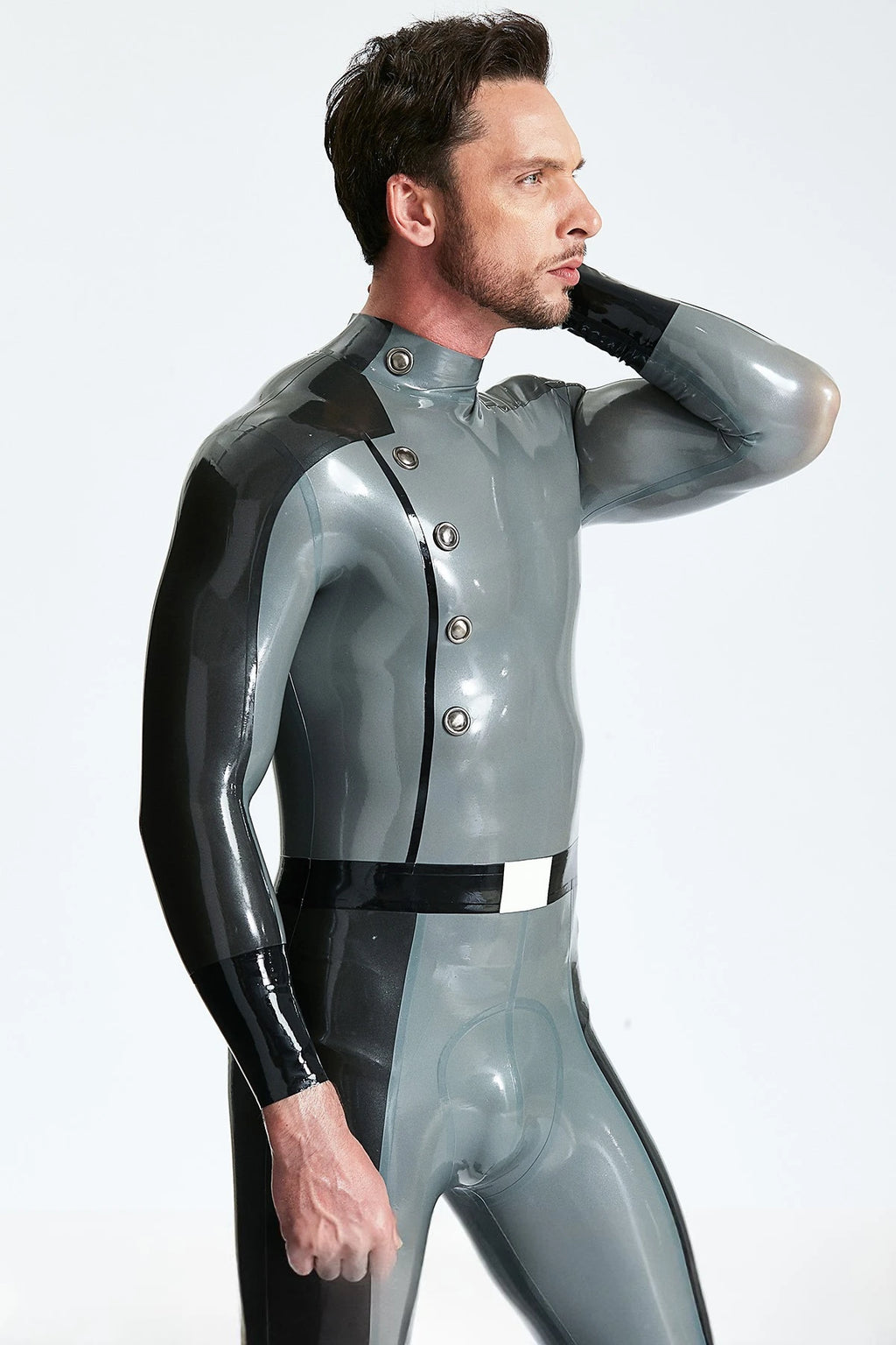 Metallic Silver Male 'Flight Commander' Latex Catsuit