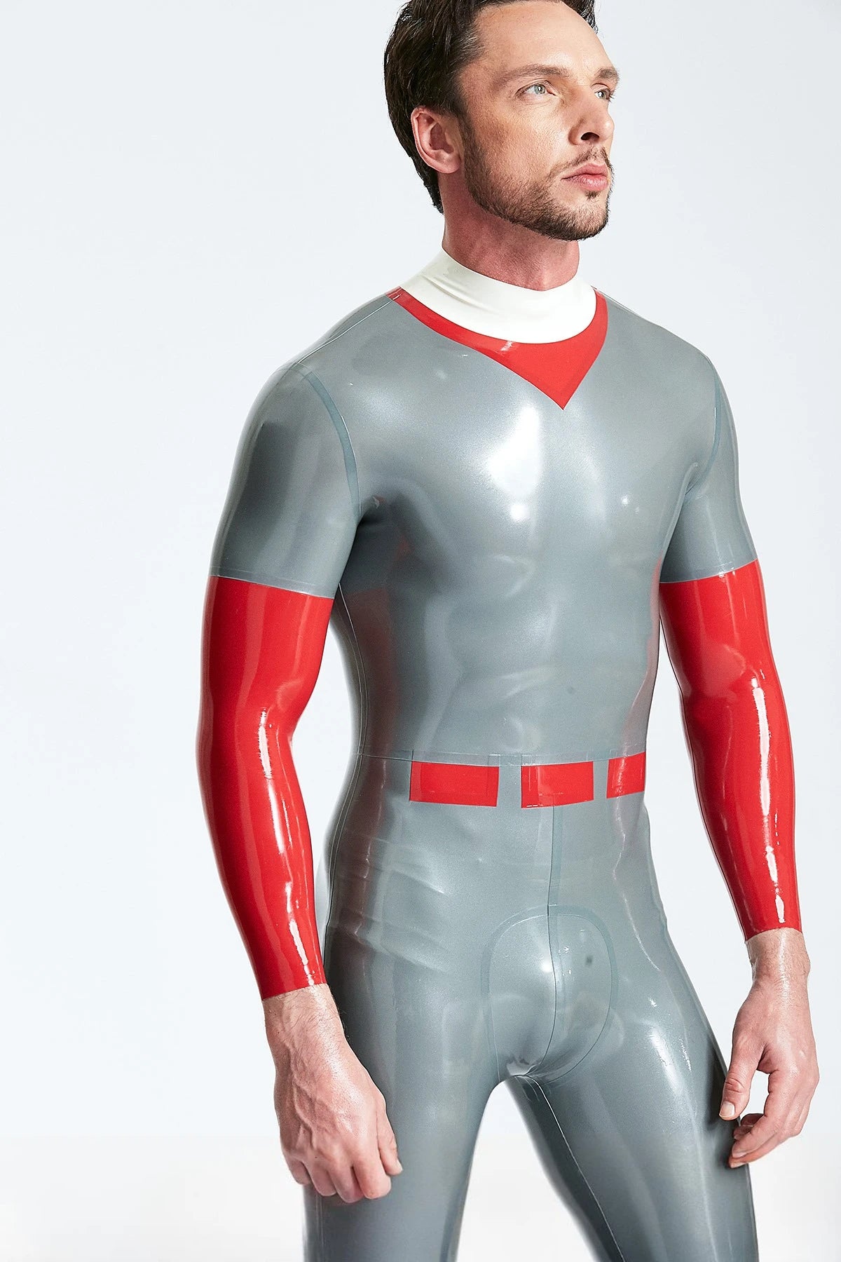 Metallic Silver Male 'Catcher' Latex Catsuit