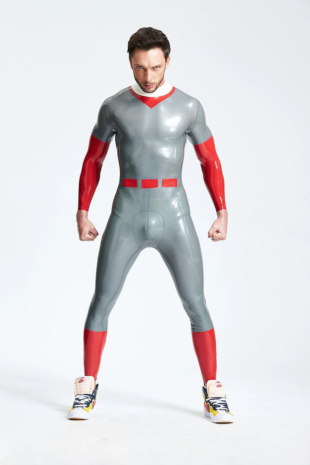 Metallic Silver Male 'Catcher' Latex Catsuit