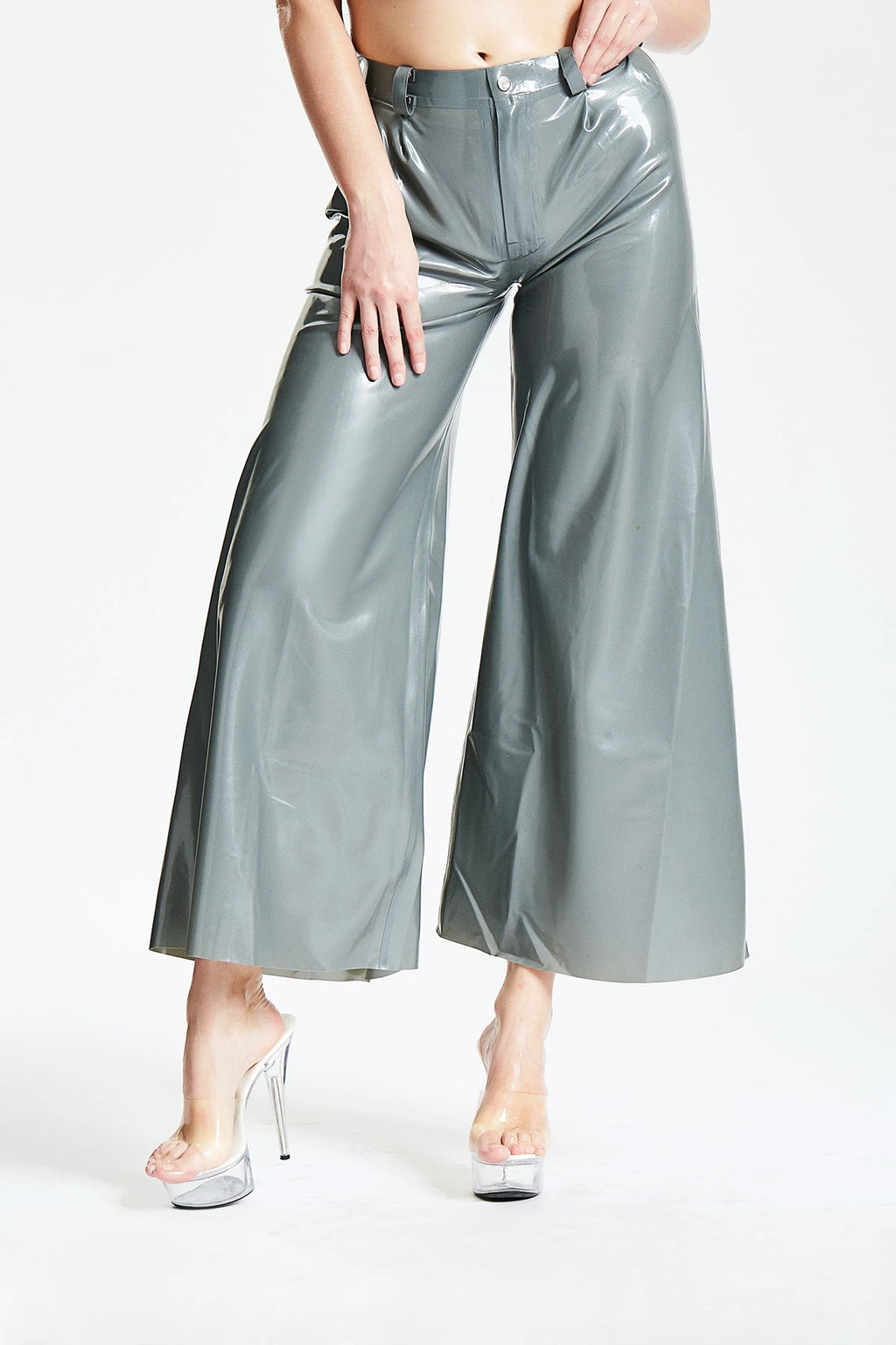 Metallic Silver Wide-Flared Latex Pants
