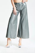 Metallic Silver Wide-Flared Latex Pants