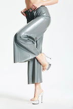 Metallic Silver Wide-Flared Latex Pants