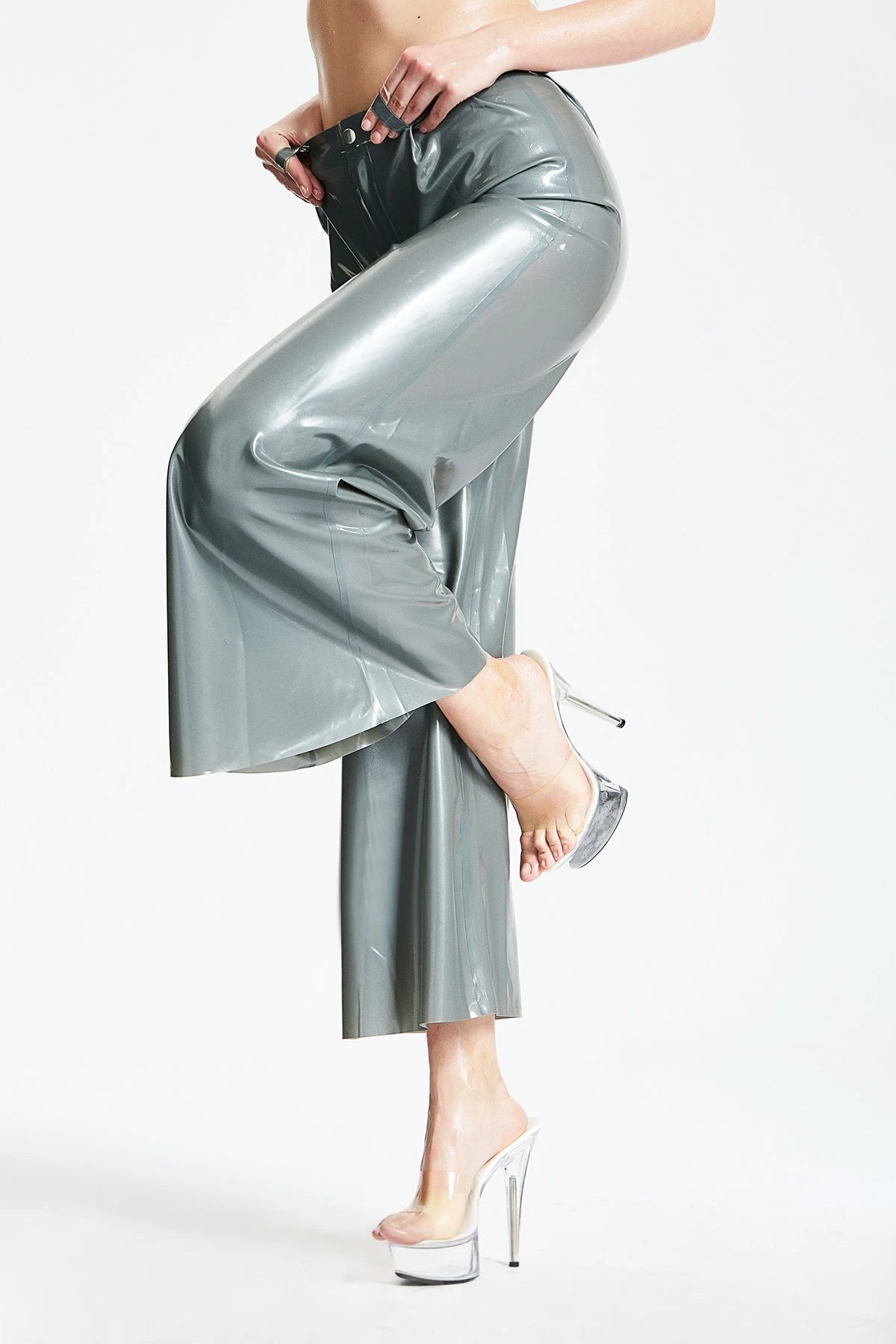 Metallic Silver Wide-Flared Latex Pants