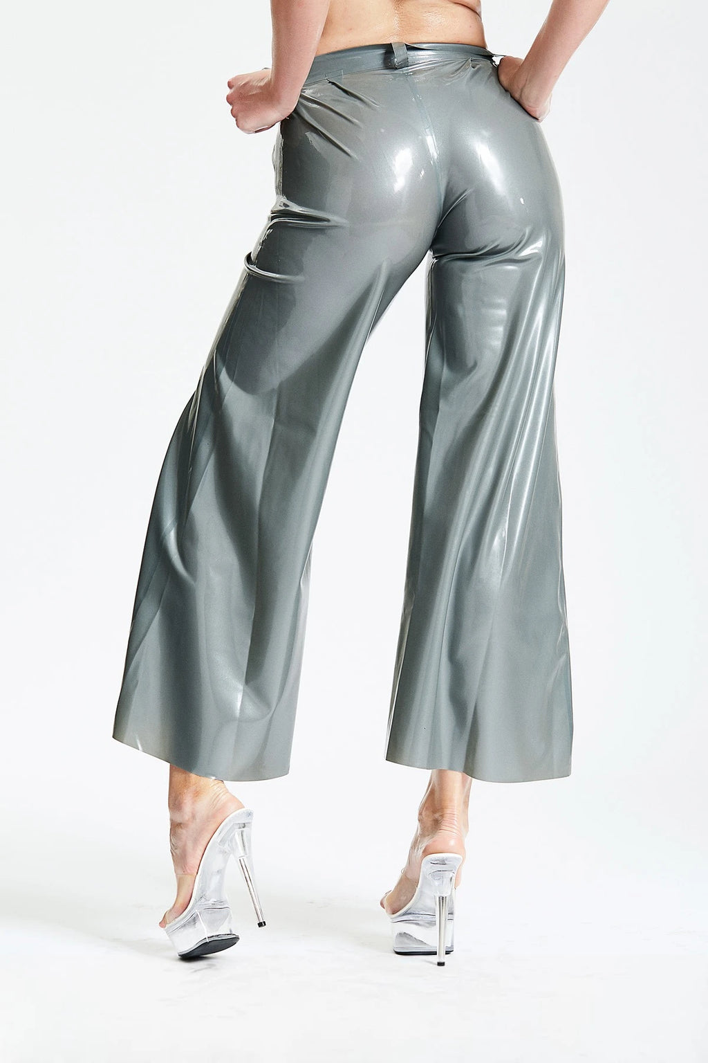 Metallic Silver Wide-Flared Latex Pants