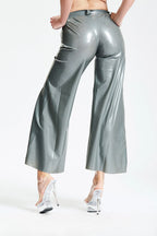 Metallic Silver Wide-Flared Latex Pants