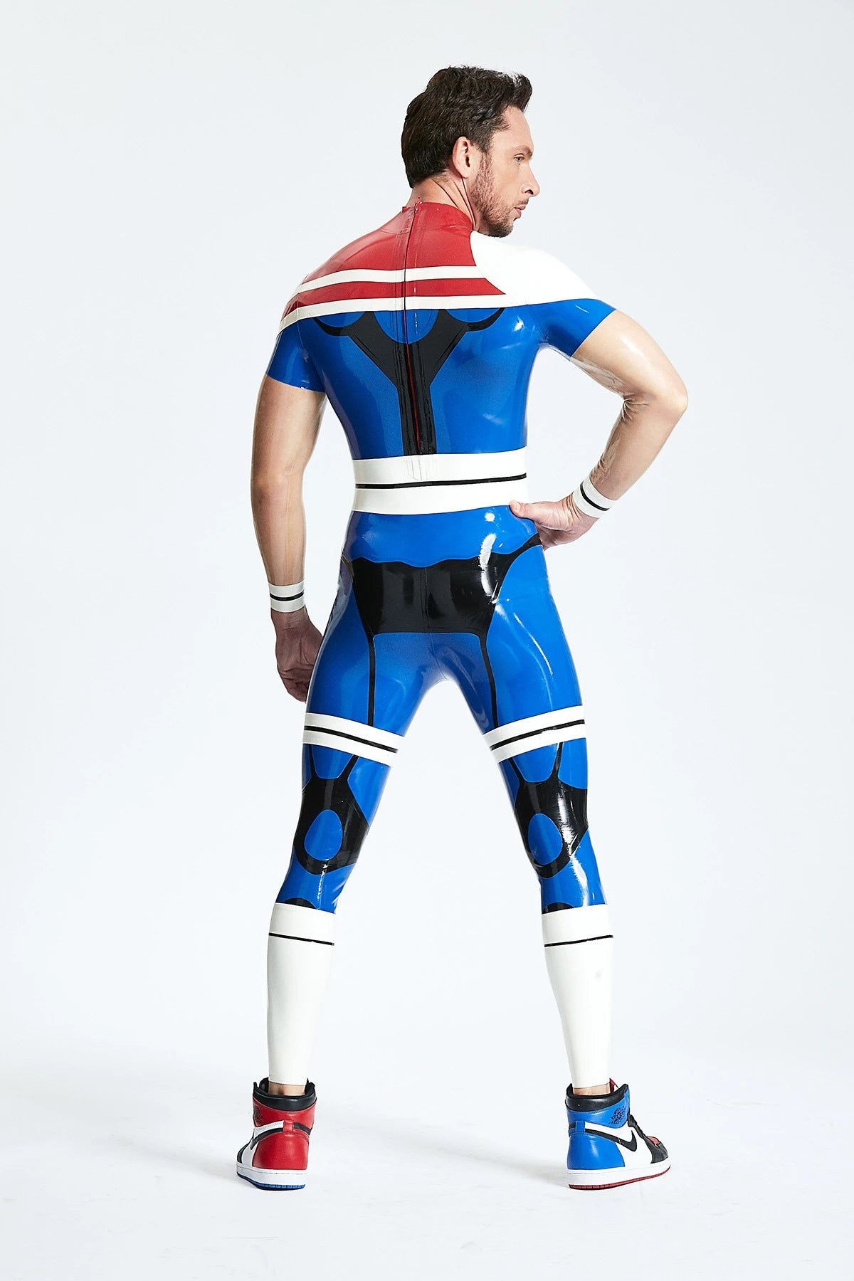 Middle Blue Male 'Captain Star' Back Zip Latex Catsuit