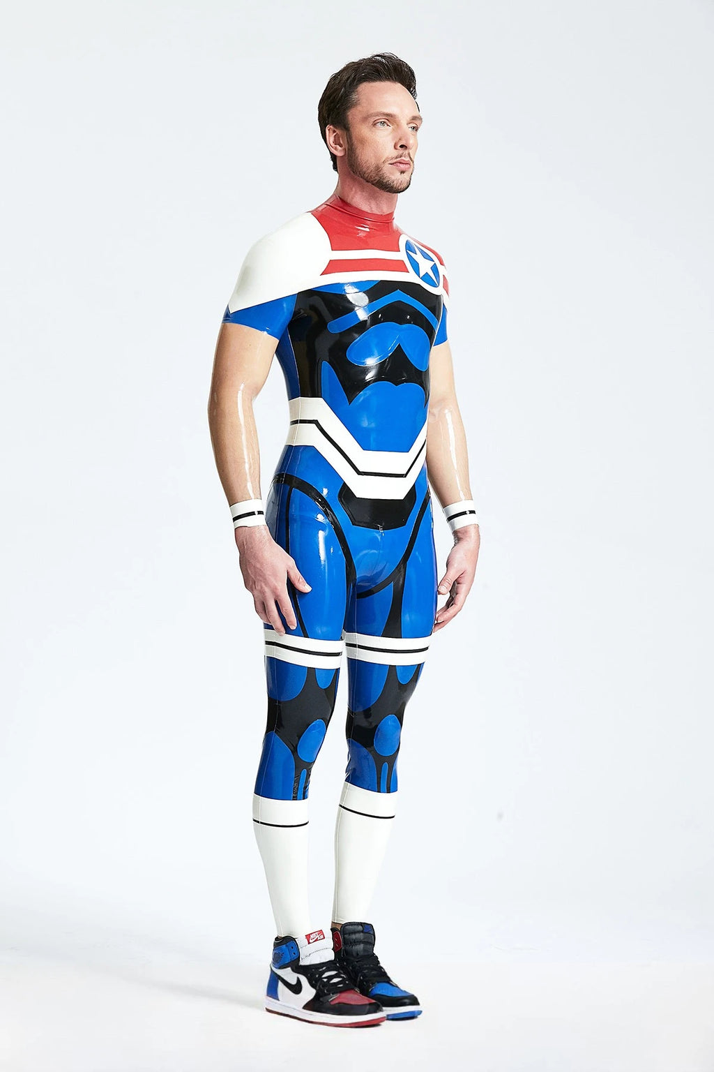Middle Blue Male 'Captain Star' Back Zip Latex Catsuit