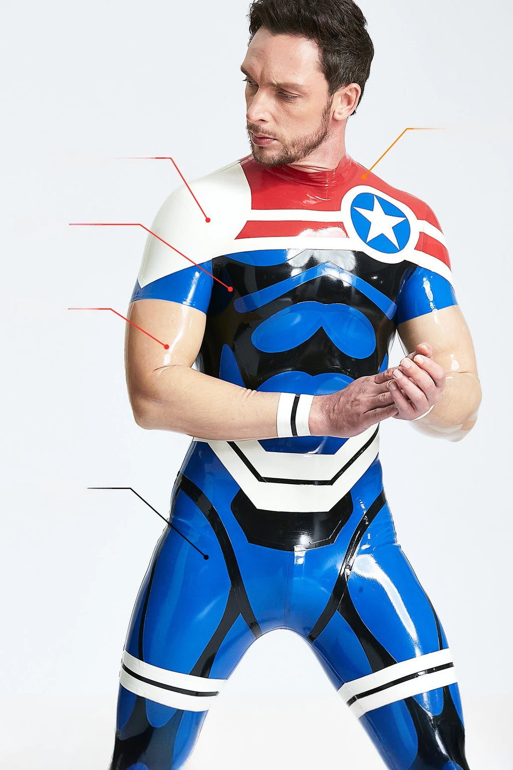 Middle Blue Male 'Captain Star' Back Zip Latex Catsuit