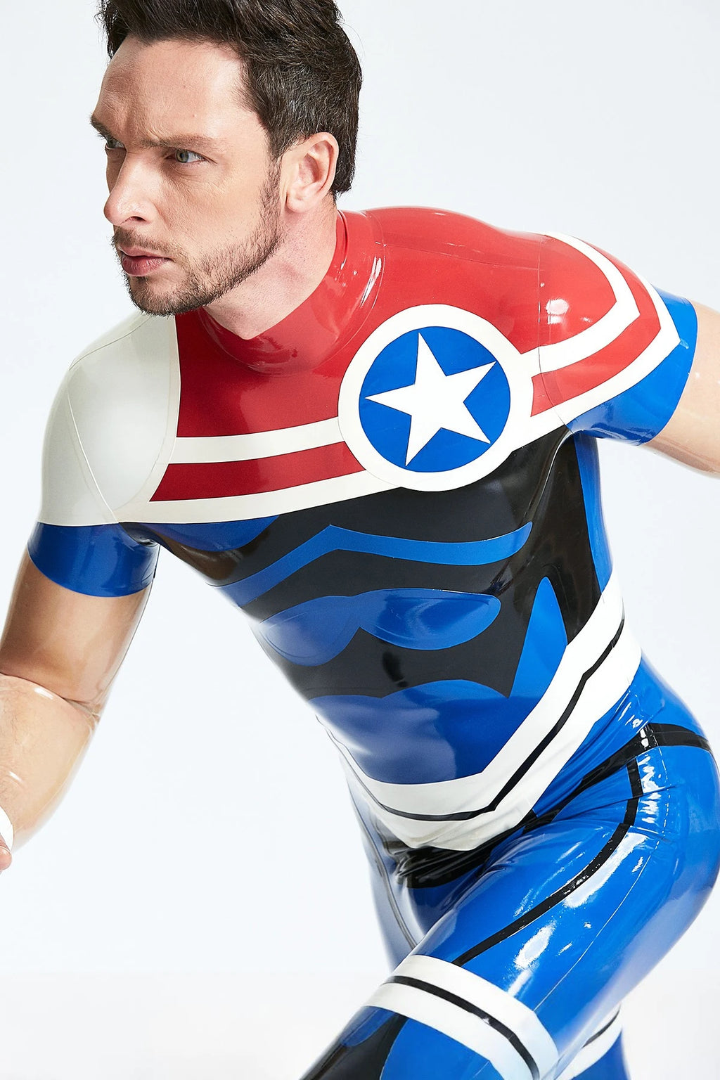 Middle Blue Male 'Captain Star' Back Zip Latex Catsuit