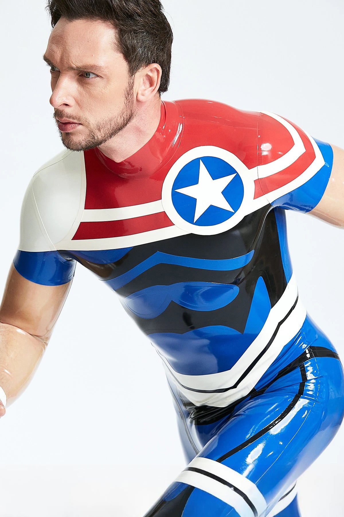 Middle Blue Male 'Captain Star' Back Zip Latex Catsuit