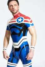 Middle Blue Male 'Captain Star' Back Zip Latex Catsuit