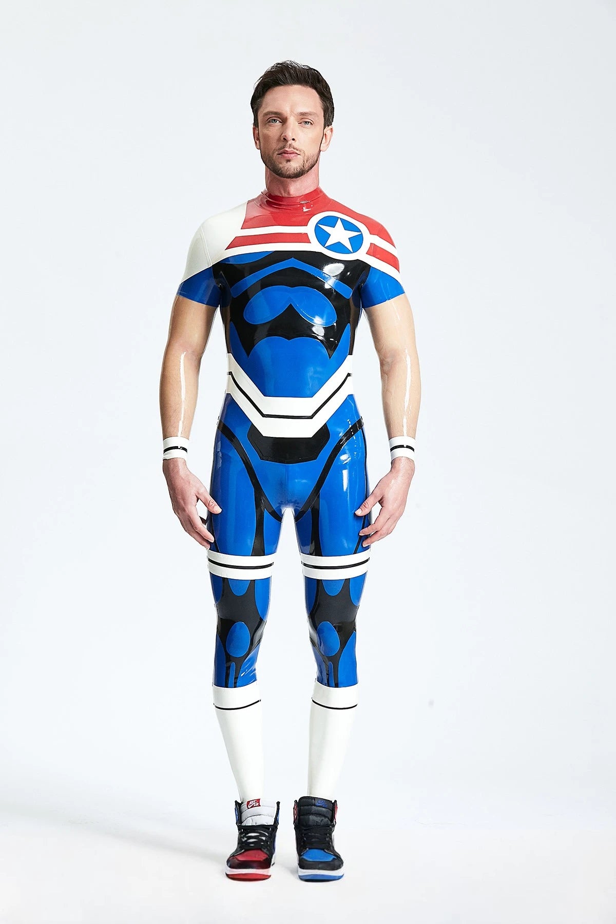 Middle Blue Male 'Captain Star' Back Zip Latex Catsuit