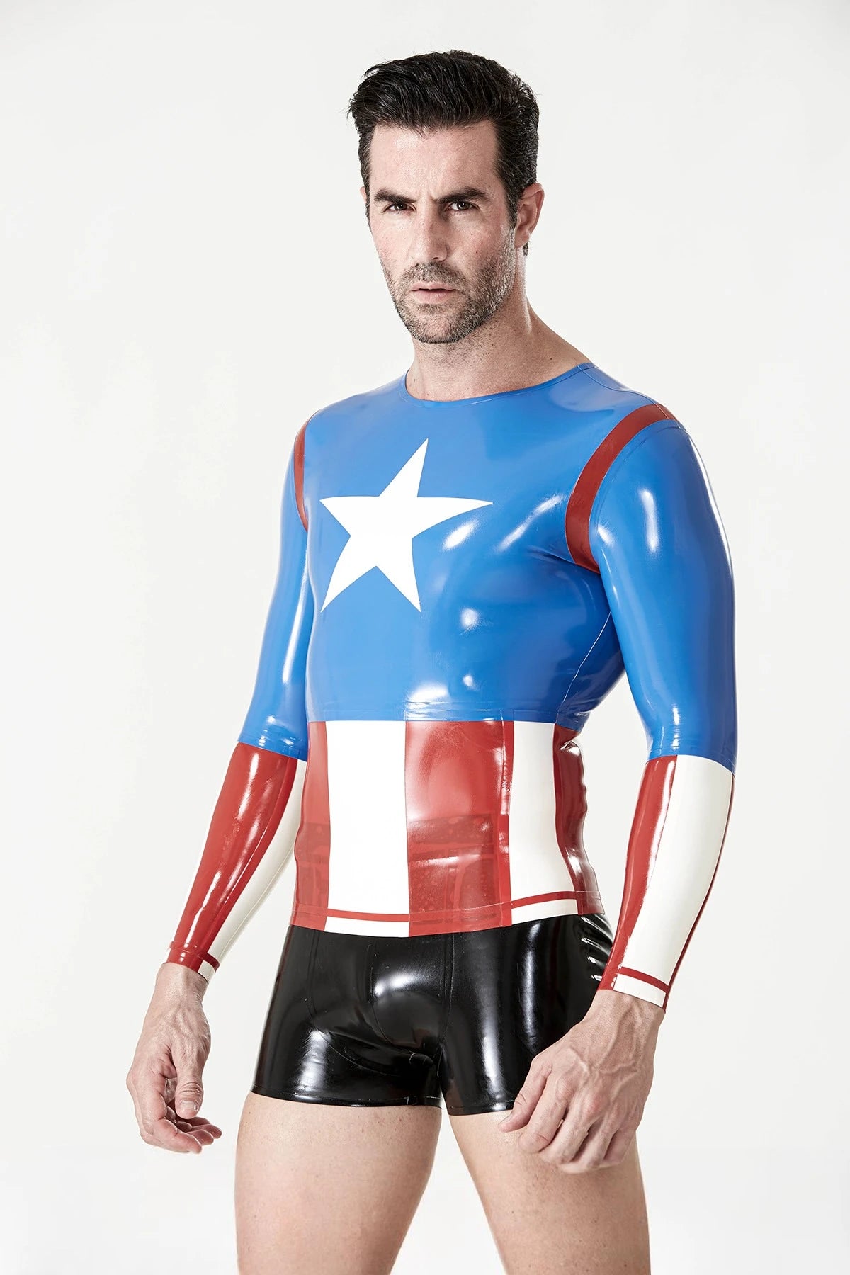 Middle Blue Male 'Captain A' Long-Sleeved Latex T-Shirt