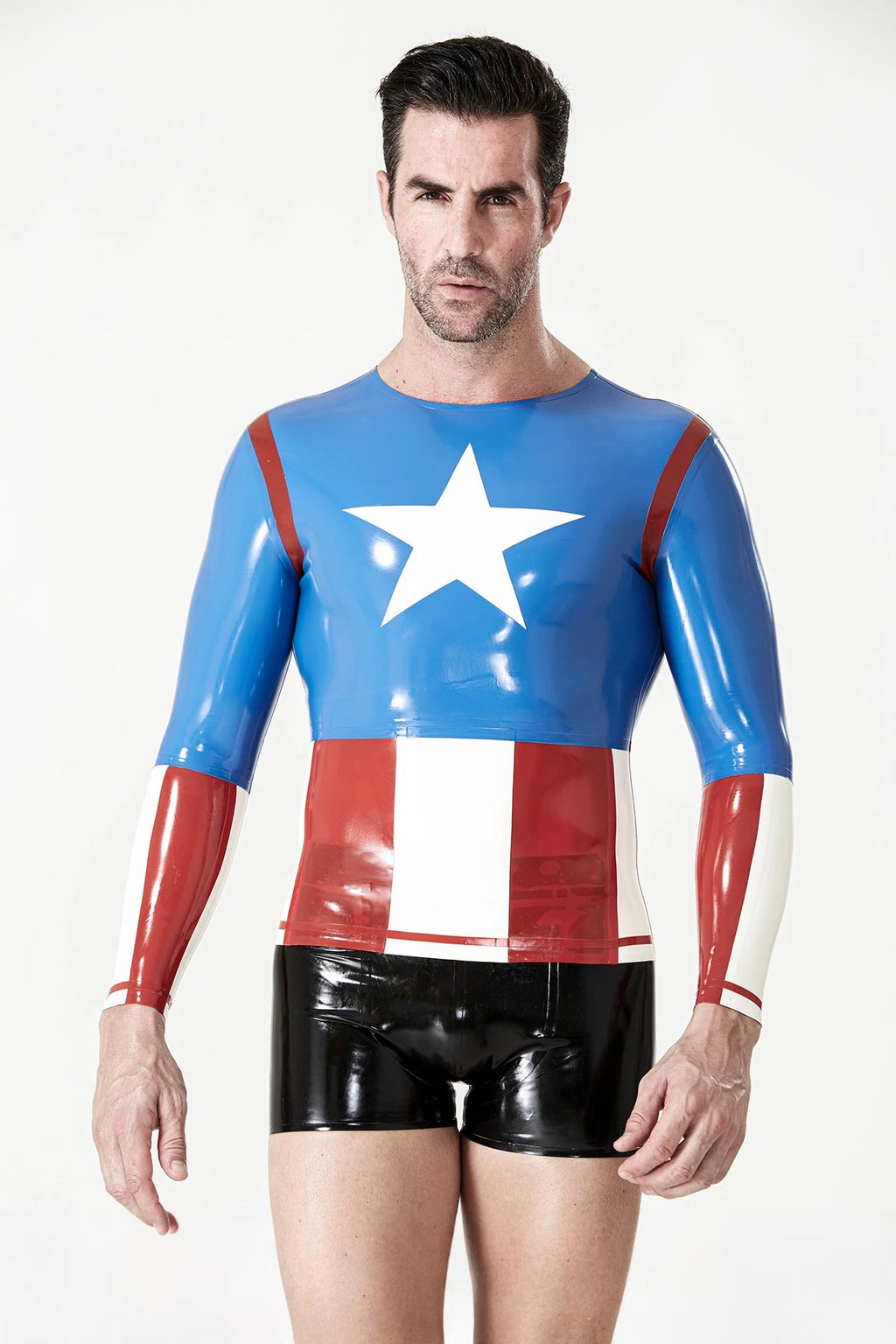 Middle Blue Male 'Captain A' Long-Sleeved Latex T-Shirt