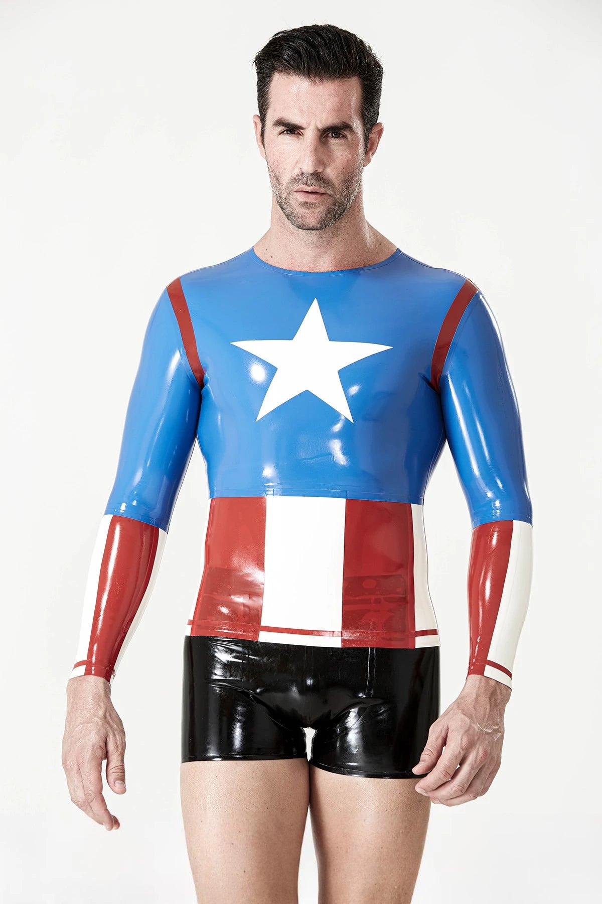 Middle Blue Male 'Captain A' Long-Sleeved Latex T-Shirt