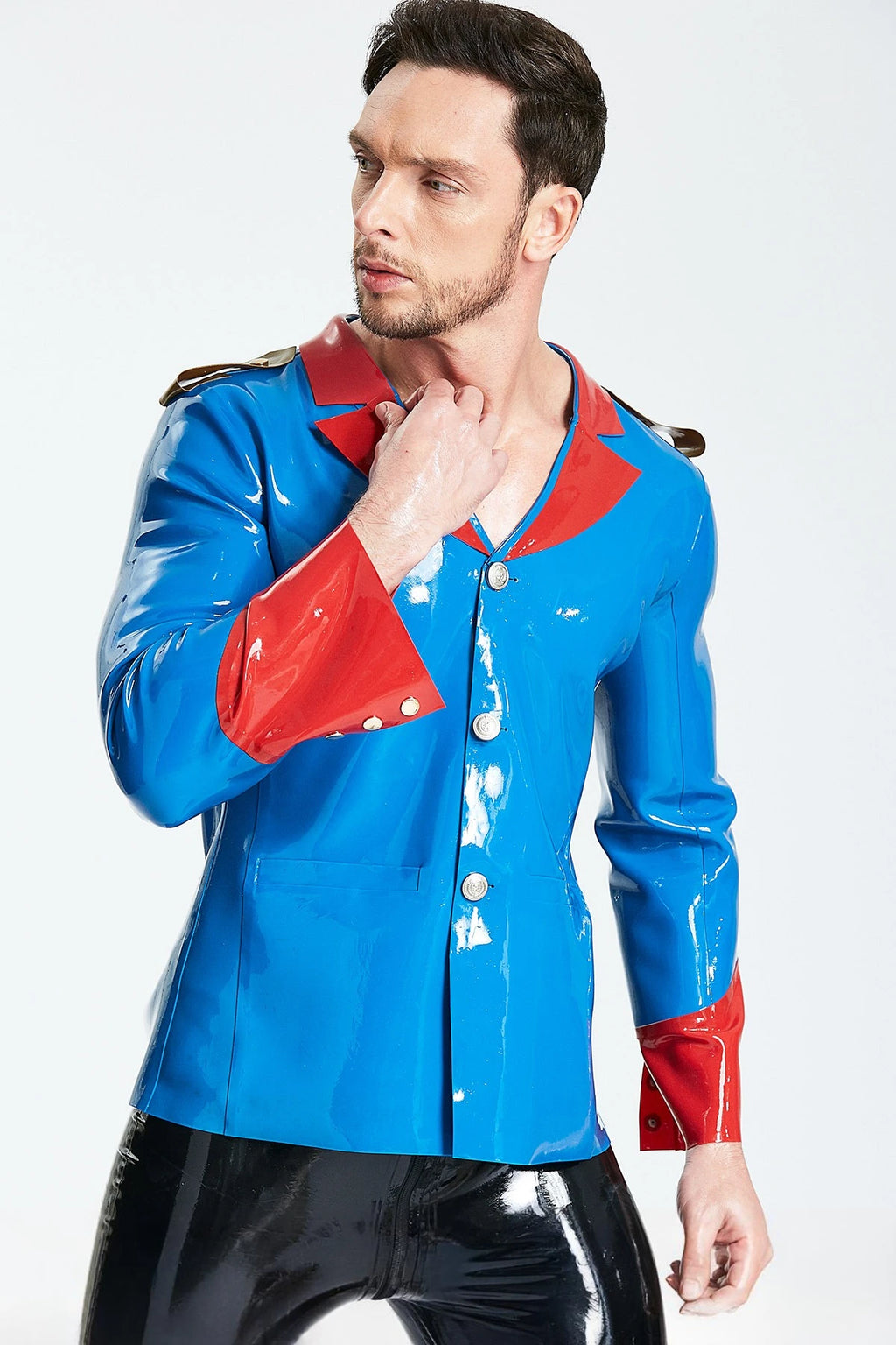 Middle Blue Male Wide-Necked Casual Lounge Latex Jacket