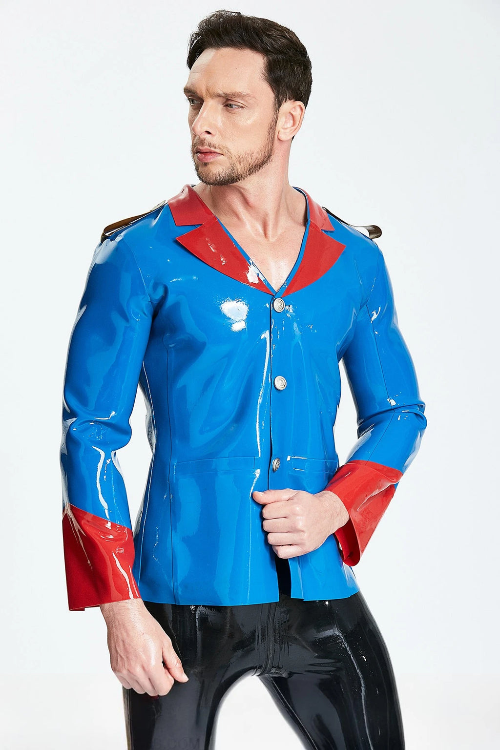 Middle Blue Male Wide-Necked Casual Lounge Latex Jacket