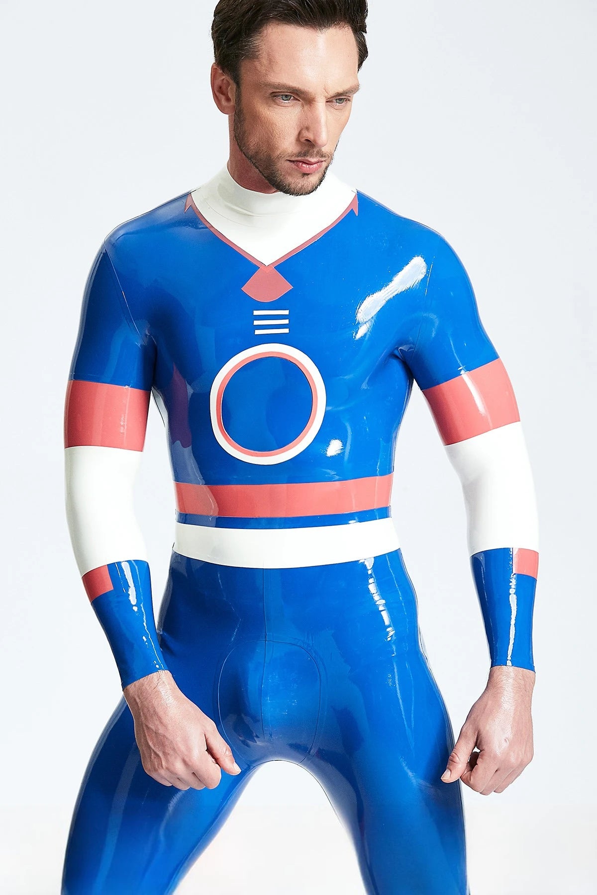 Middle Blue Male 'Circle Of Life' Back Zip Latex Catsuit