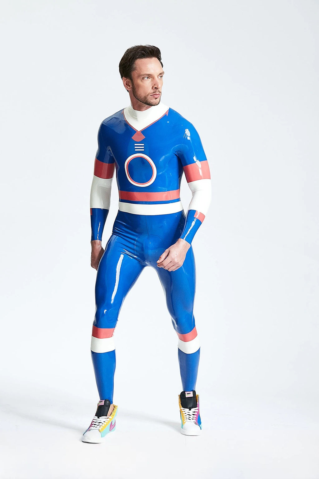 Middle Blue Male 'Circle Of Life' Back Zip Latex Catsuit