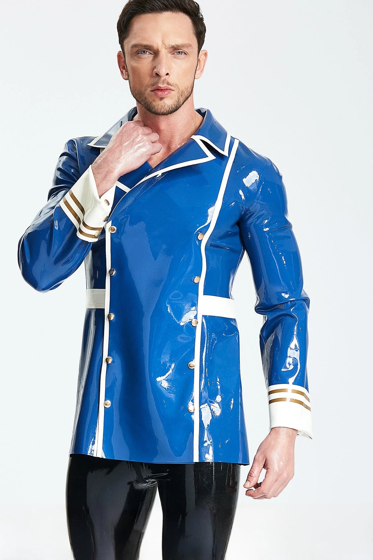 Middle Blue Male Latex Double-Breasted Blazer