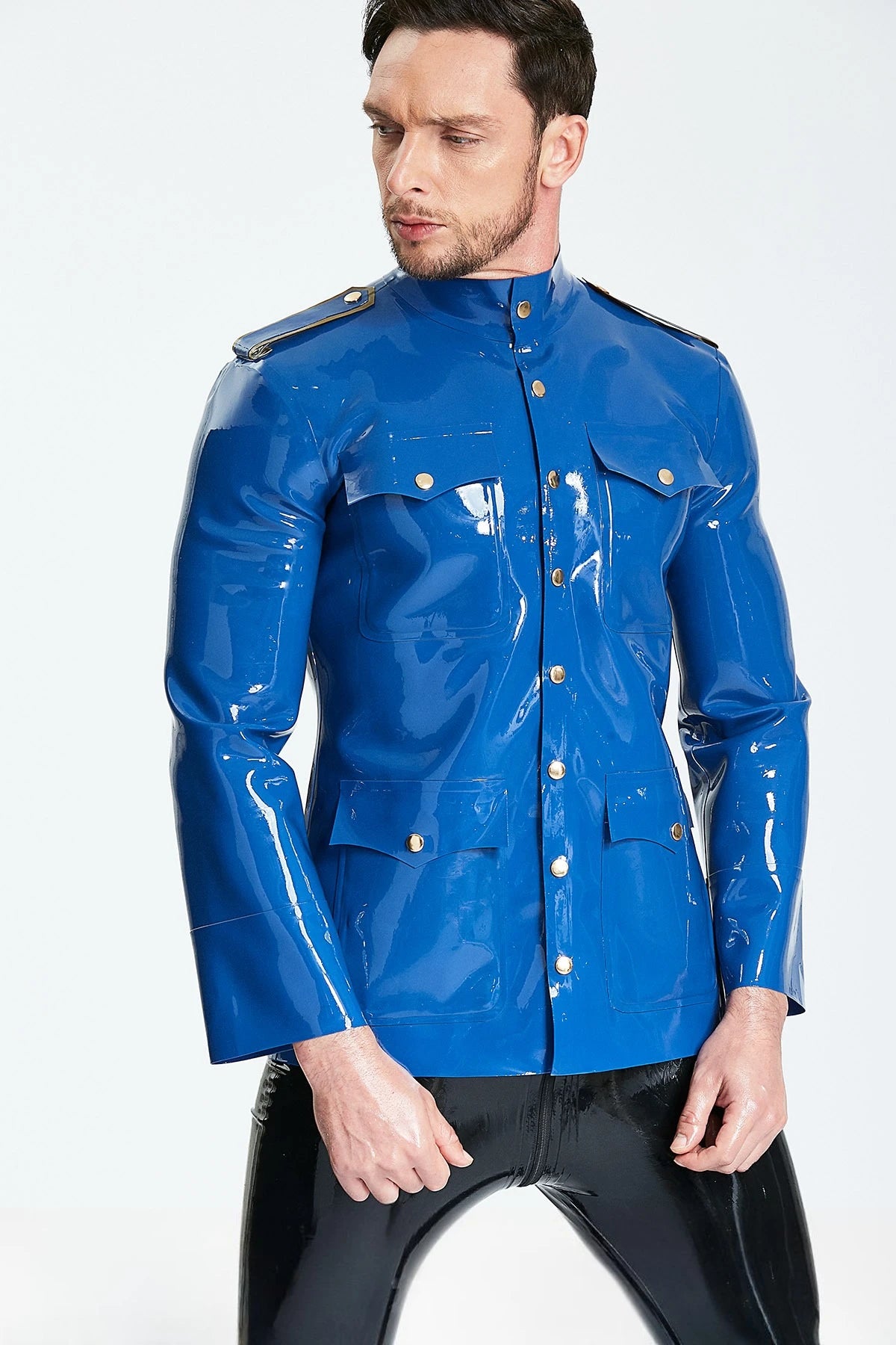 Middle Blue, trim color is Metallic Gold Male 'Officer' Latex Jacket