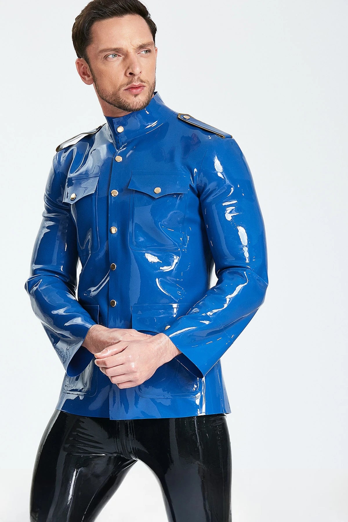 Middle Blue, trim color is Metallic Gold Male 'Officer' Latex Jacket