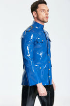 Middle Blue, trim color is Metallic Gold Male 'Officer' Latex Jacket
