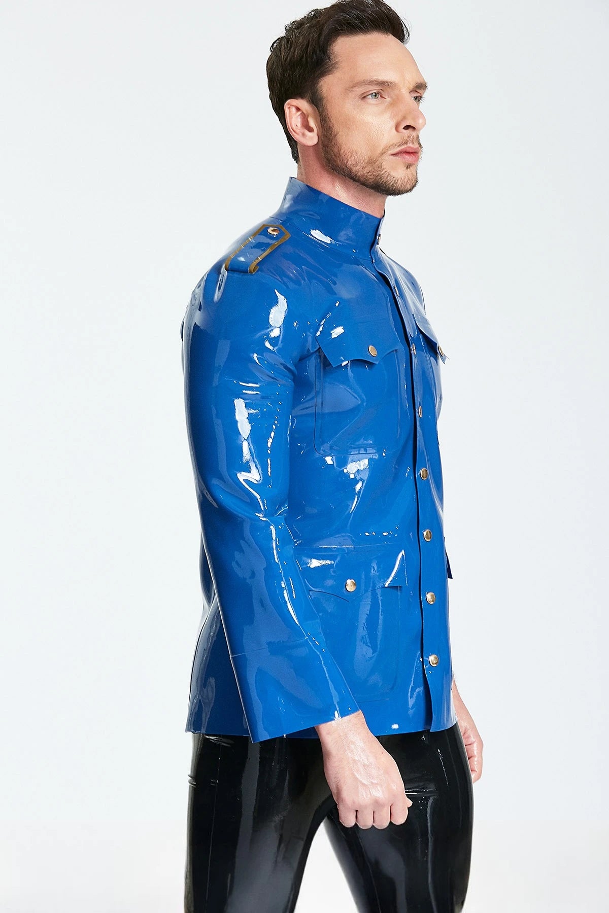 Middle Blue, trim color is Metallic Gold Male 'Officer' Latex Jacket