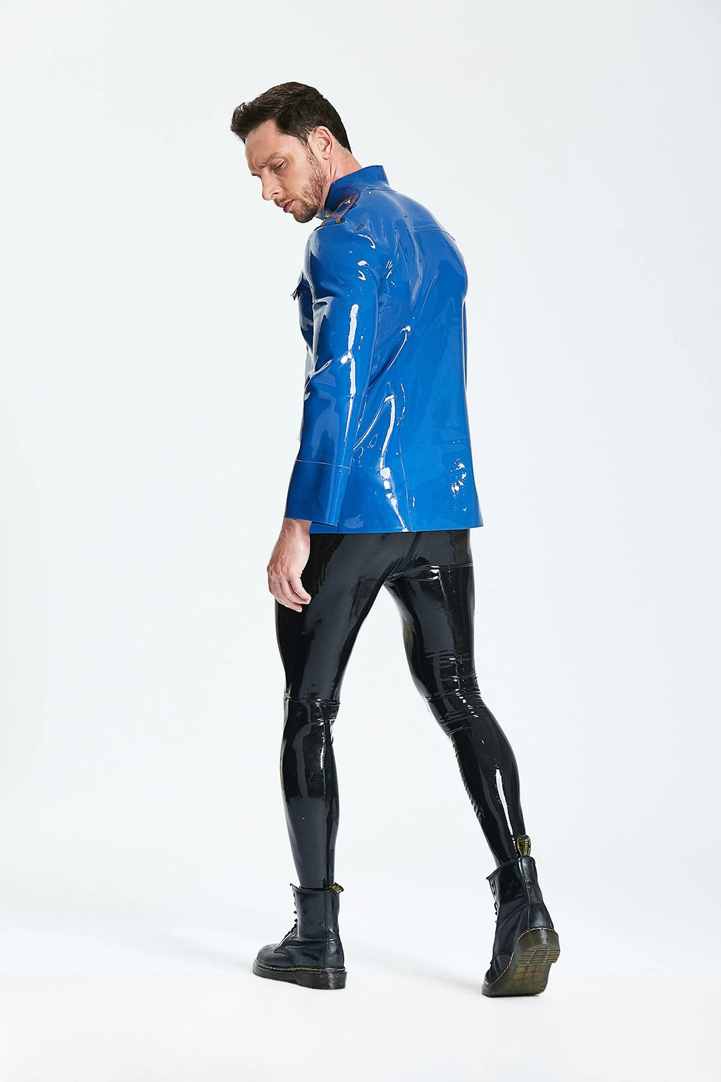 Middle Blue, trim color is Metallic Gold Male 'Officer' Latex Jacket