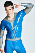 Middle Blue Male 'Lightning Flash' Wide-Necked Latex Catsuit