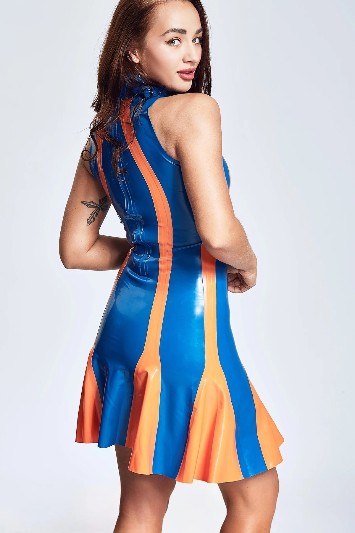 Middle Blue 'Filippa' Flared Skirt Sleeveless Latex Mini Dress