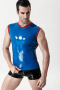 Middle Blue, trim color is Red Male Latex Sleeveless Tank Top