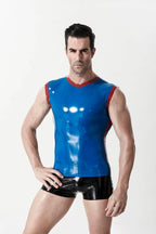 Middle Blue, trim color is Red Male Latex Sleeveless Tank Top