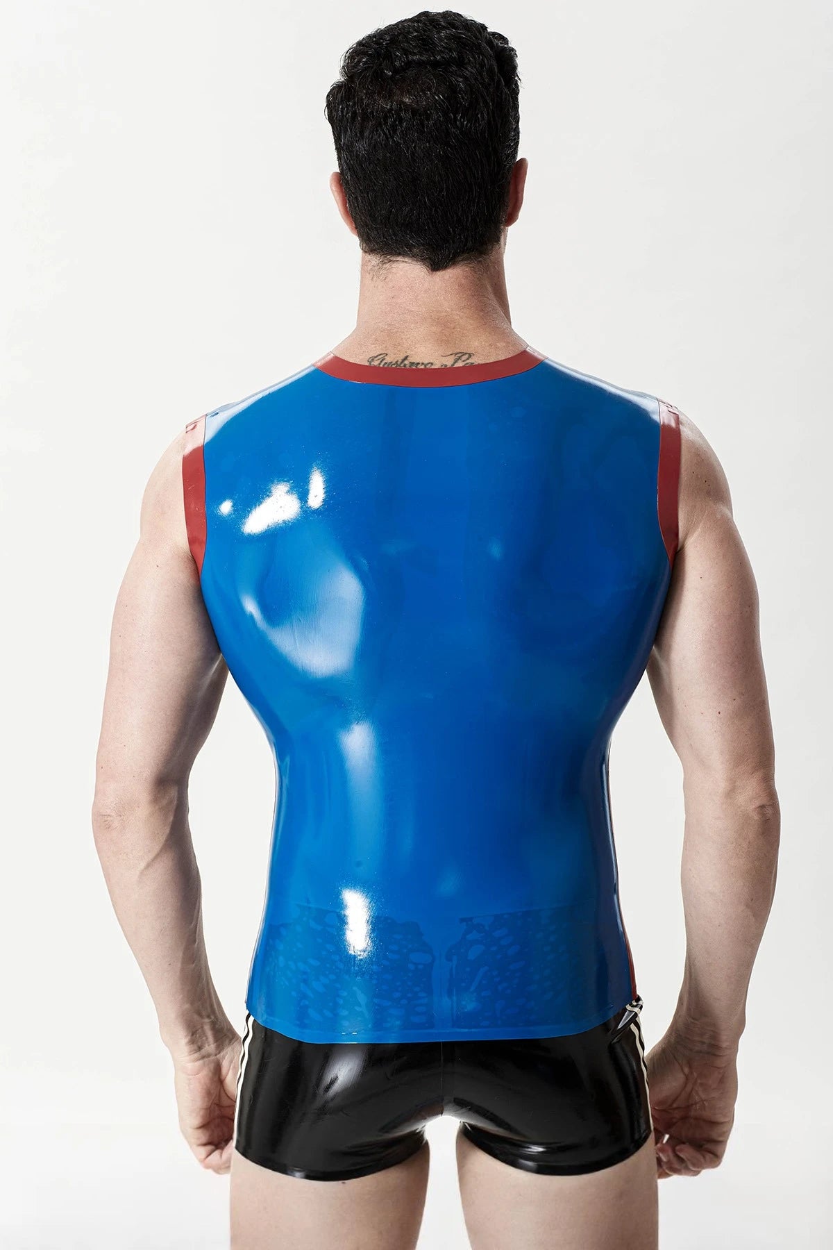 Middle Blue, trim color is Red Male Latex Sleeveless Tank Top